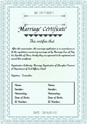  美国结婚证点缀黄简约英文结婚证荣誉证书