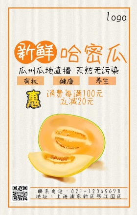 水果哈密瓜宣传黄色简约手机营销海报