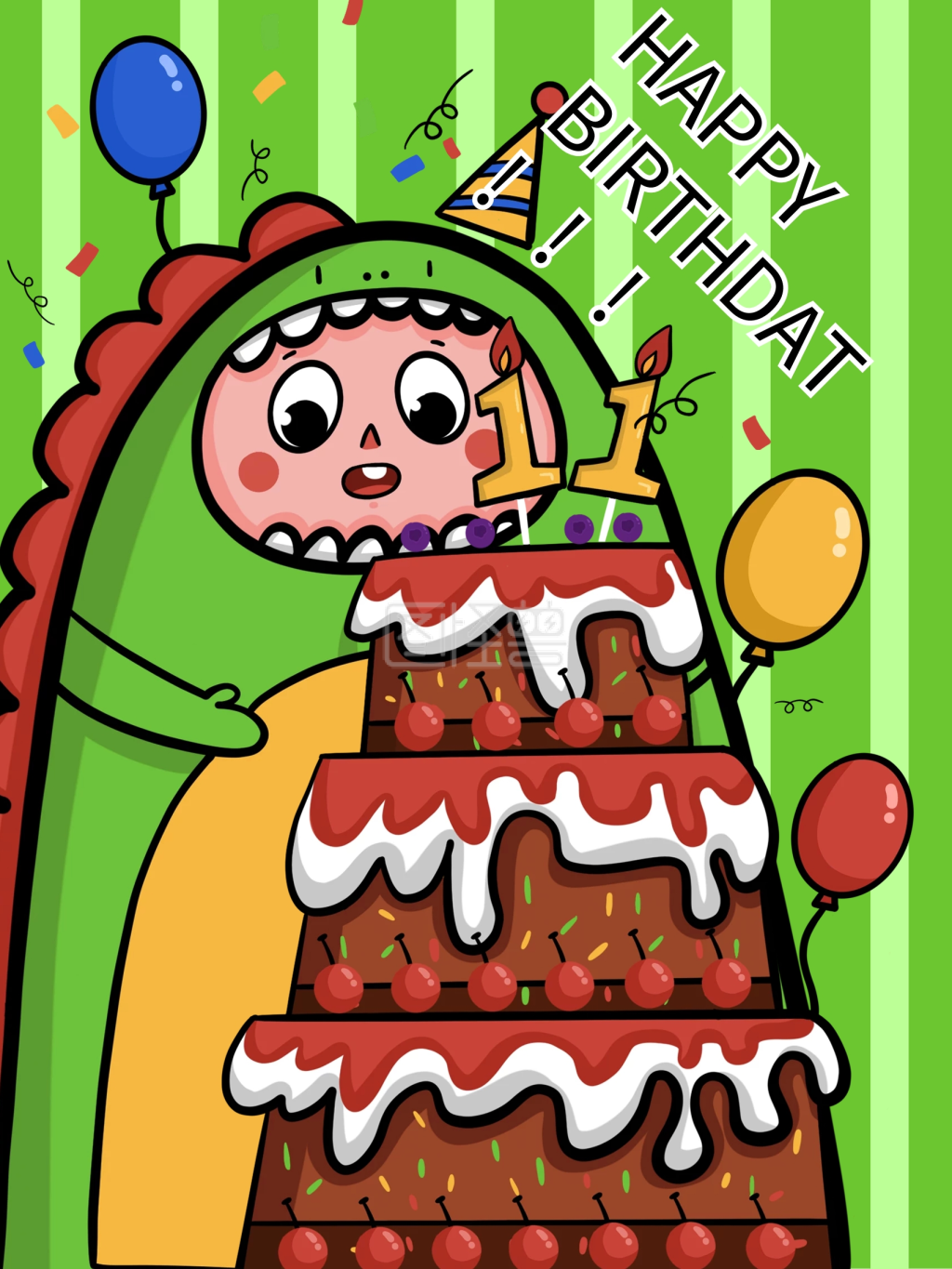 孩子穿恐龙服过生日原创手绘插画海报