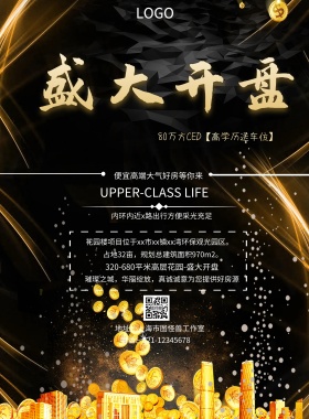  便宜高端大气好房等你来 地址：上海市图怪兽工作室 内环内近x路出行方便采光充足 80万方CED【高学历送车位】 电话：021-12345678 UPPER-CLASS LIFE 320-680平米高层花园-盛大开盘 占地32亩，规划总建筑面积970m2。 璀璨之城，华丽绽放，真诚诚意为您提供好房源 花园楼项目位于xx市xx镇xx湾环保观光园区。 黑色大气楼市开盘印刷海报