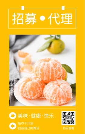 招募 代理 扫码查看 给你个计划 创造自己的舞台 美味·健康·快乐 水果招募代理简约手机海报
