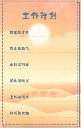 工作计划 提出新需求 提交给技术 与技术对接 验收待测试 上线前测试 分析新数据 周工作计划表手机策划列表手机海报