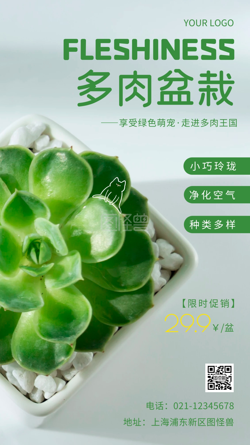 简约风绿色多肉盆栽促销摄影图海报