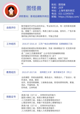 蓝色黑色白色影视后期制作简约求职简历