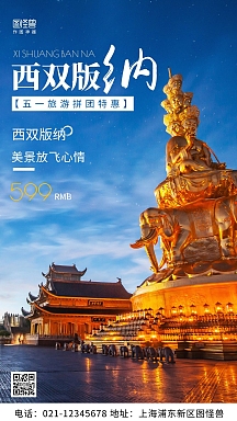 摄影图旅游拼团蓝色简约风手机海报