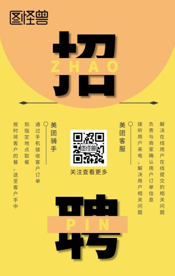 黄色扁平图怪兽招聘手机海报