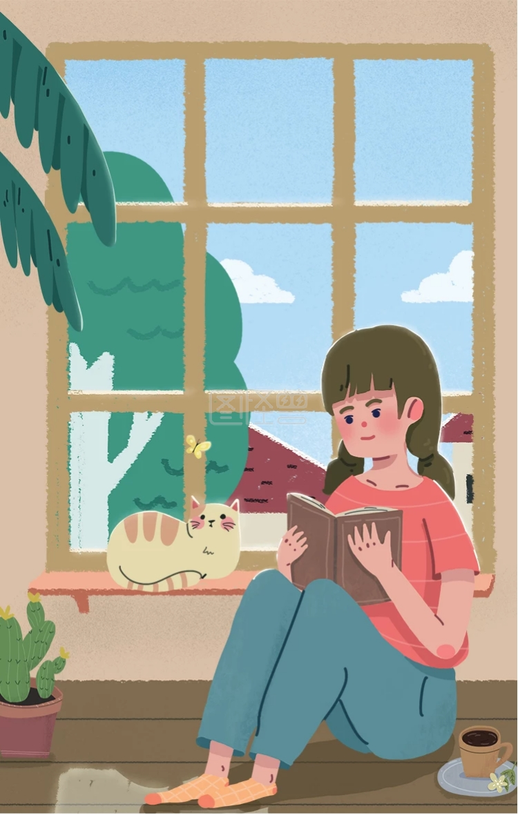 图怪兽原创元素七月你好窗前读书的少女