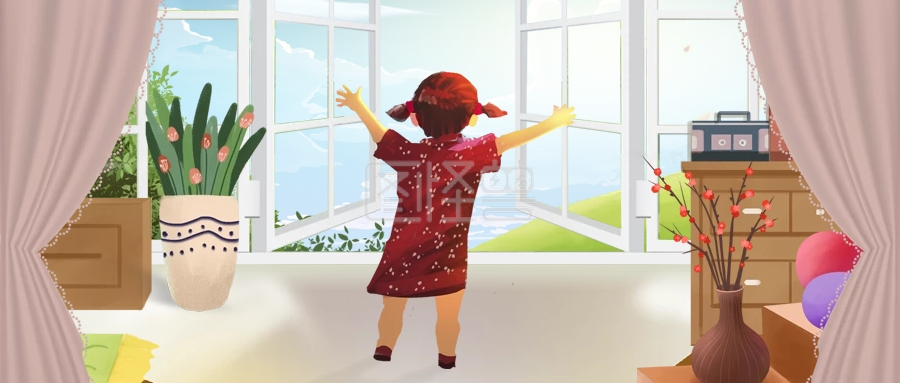 小清新唯美日出风景早安你好小女孩推窗插画