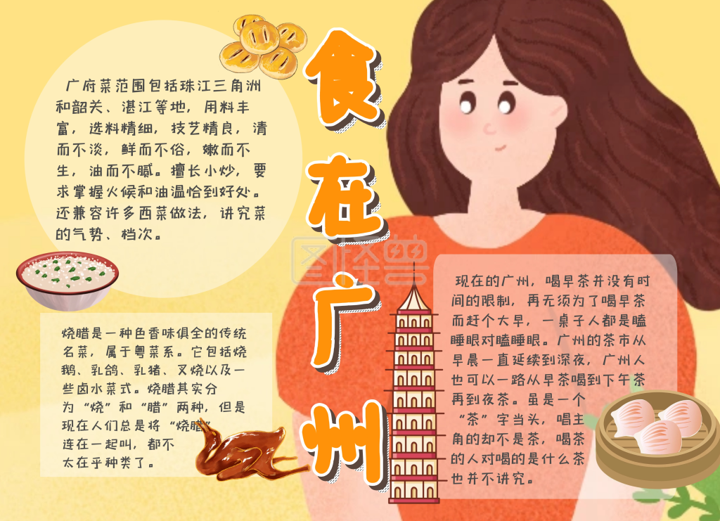 图怪兽手抄报频道提供《中国广州城市插画风美景美食