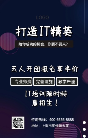  专业师资 完善设施 教学严谨 打造IT精英 五人开团报名享半价 地址：上海市图怪兽大厦 IT培训限时特惠招生！ 给你成功的机会，你要不要来？ 咨询热线：400-6666-8888 IT互联网培训招生海报手机海报