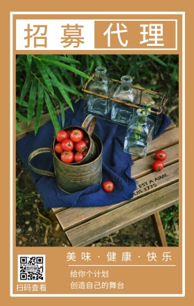 招募 代理 扫码查看 给你个计划 创造自己的舞台 美味·健康·快乐 水果招募代理简约手机海报