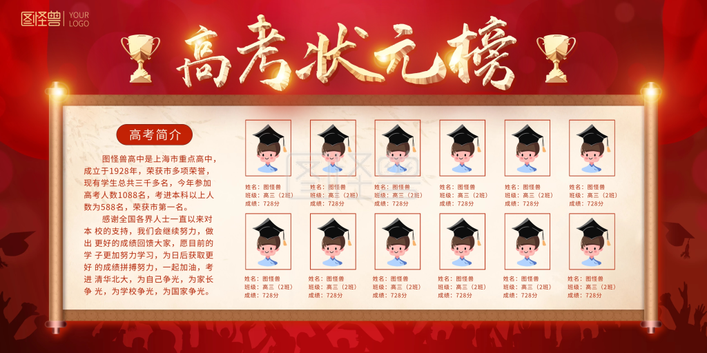 高考状元榜成绩照片排名红色喜庆背景展板