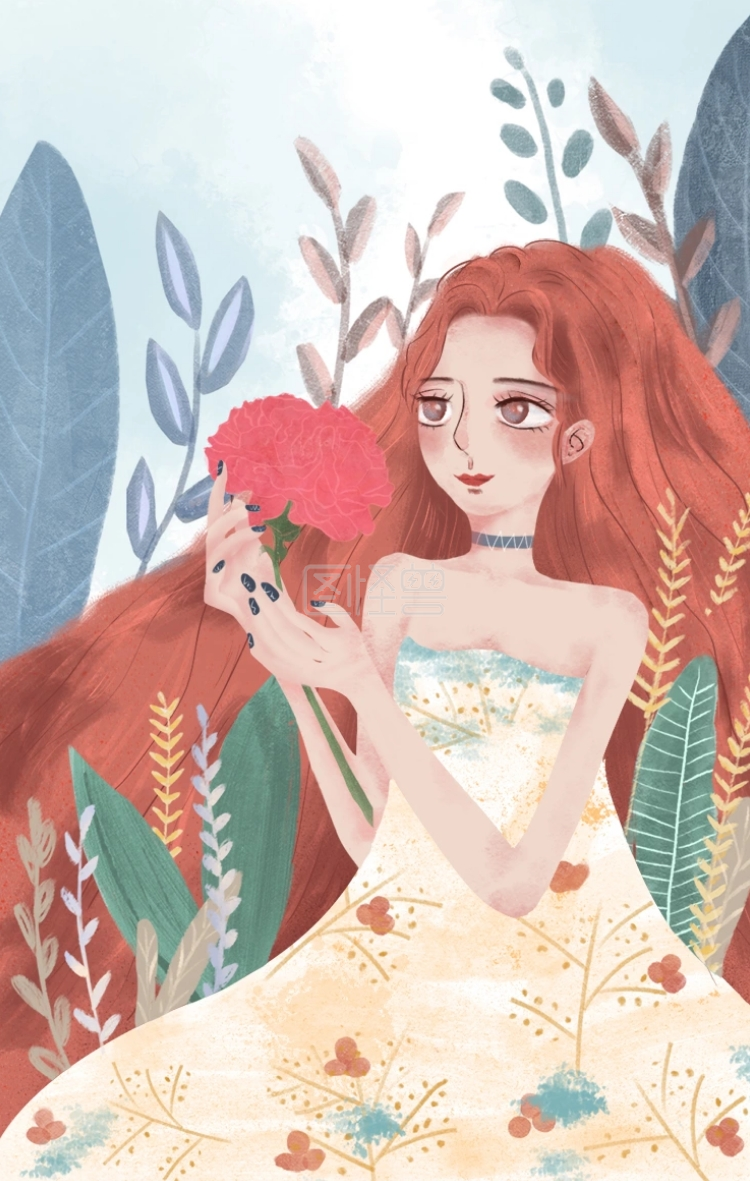 图怪兽原创背景人物插画女生植物康乃馨