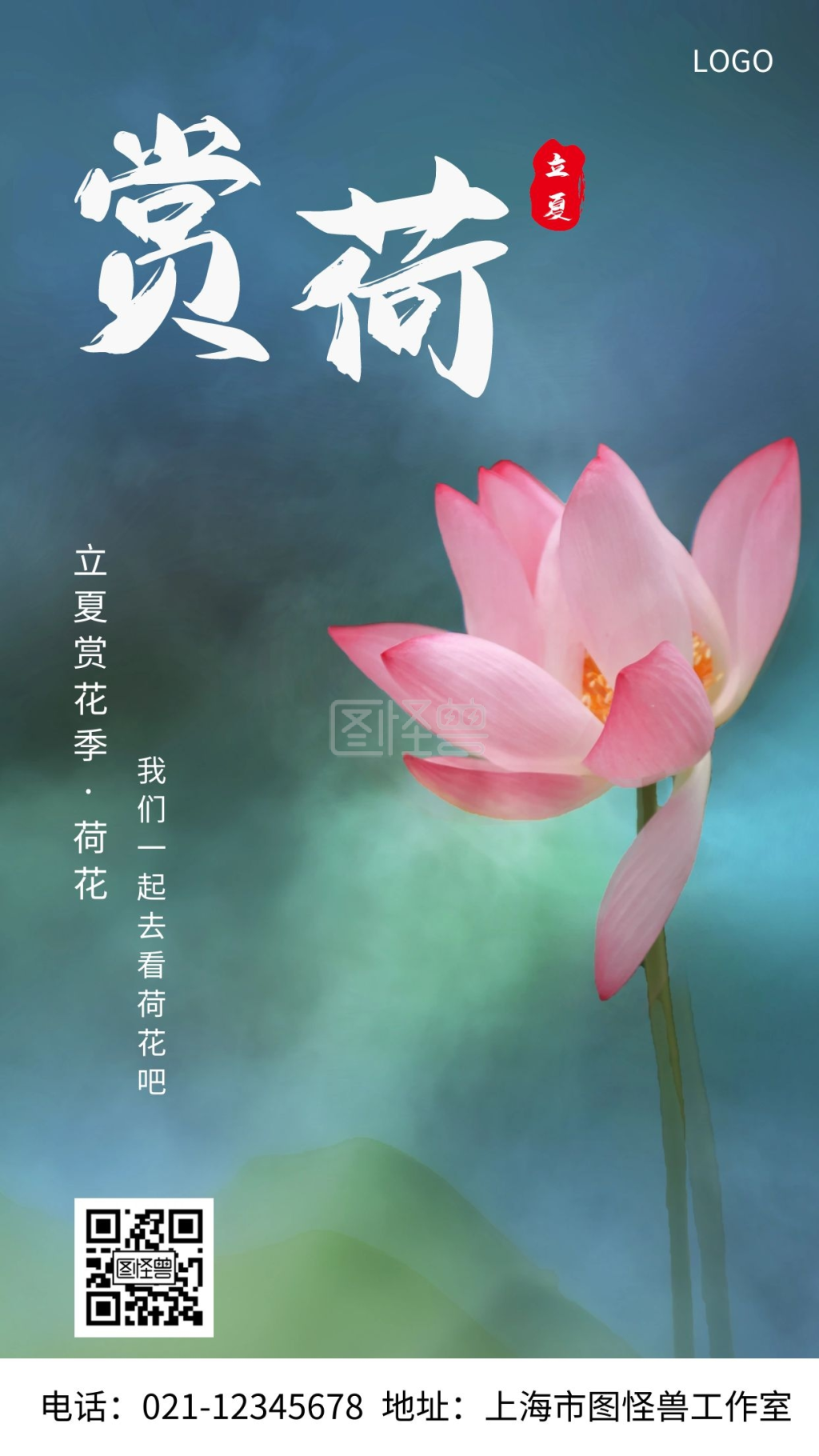 摄影图立夏赏荷花白色简约风手机海报