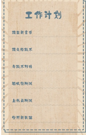 工作计划 提出新需求 提交给技术 与技术对接 验收待测试 上线前测试 分析新数据 周工作计划表手机策划列表手机海报