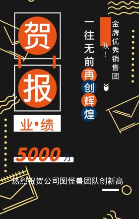 贺 报 万 业绩 5000 一往无前再创辉煌 金牌优秀销售团队！ 热烈祝贺公司图怪兽团队创新高 春季季度业绩喜报手机海报
