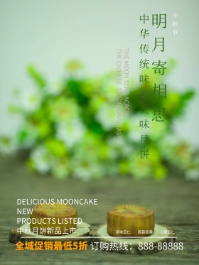 淡绿清新简约商场明月月饼促销海报