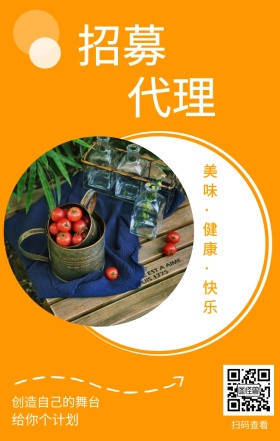 招募 代理 扫码查看 给你个计划 创造自己的舞台 美味·健康·快乐 水果招募代理简约手机海报