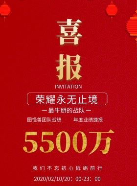5500万 最牛掰的战队 年度业绩捷报 荣耀永无止境  图怪兽团队战绩 INVITATION 我们不忘初心砥砺前行 2019/02/10/20：00-23：00 喜报