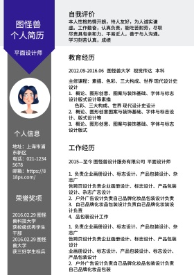 灰色蓝色几何简约线条平面设计师求职简历