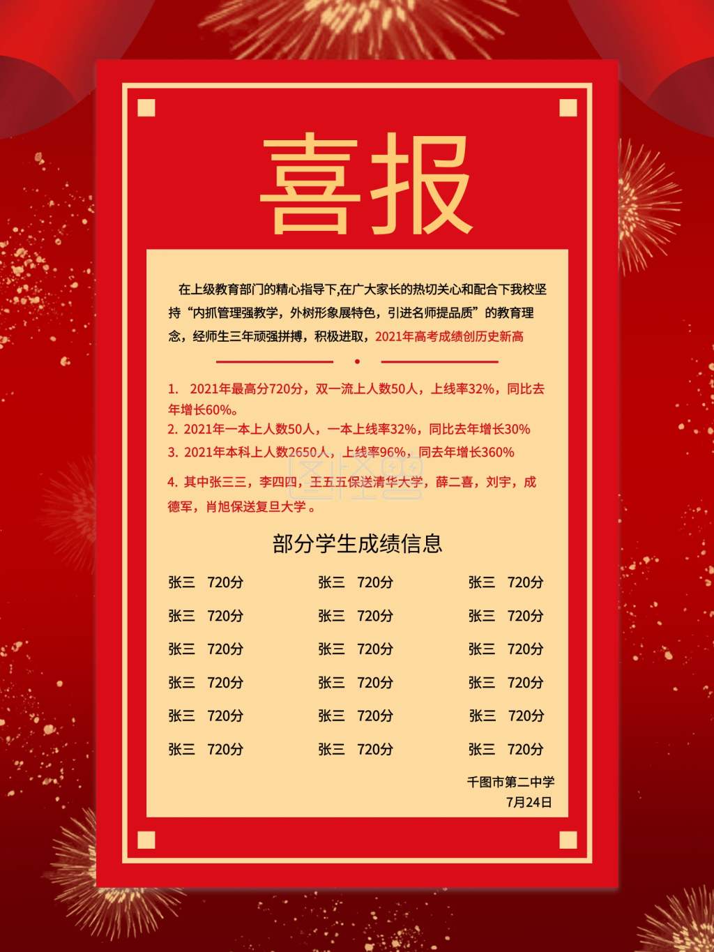 喜报高考成绩通知海报祝福金榜题名