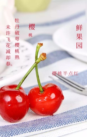 樱桃水果手绘古诗手机海报