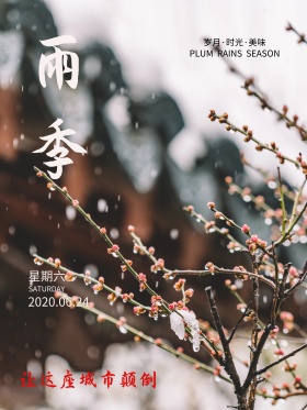 黄色文艺小清新雨季下雨天海报