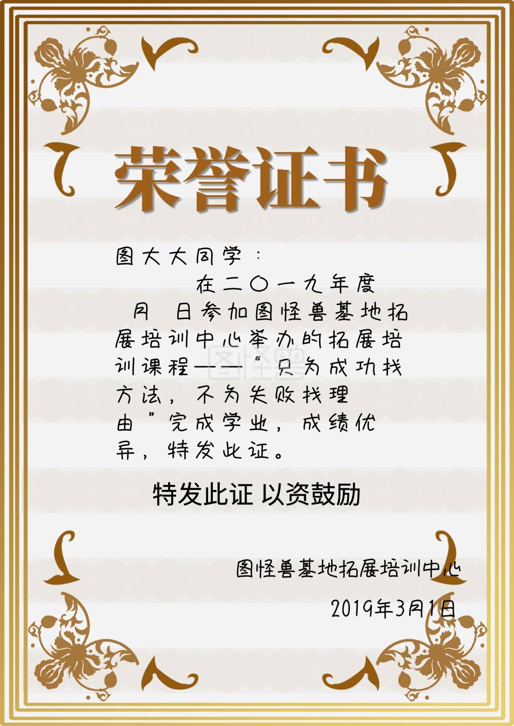 证书培训金色简约优秀机构荣誉证书