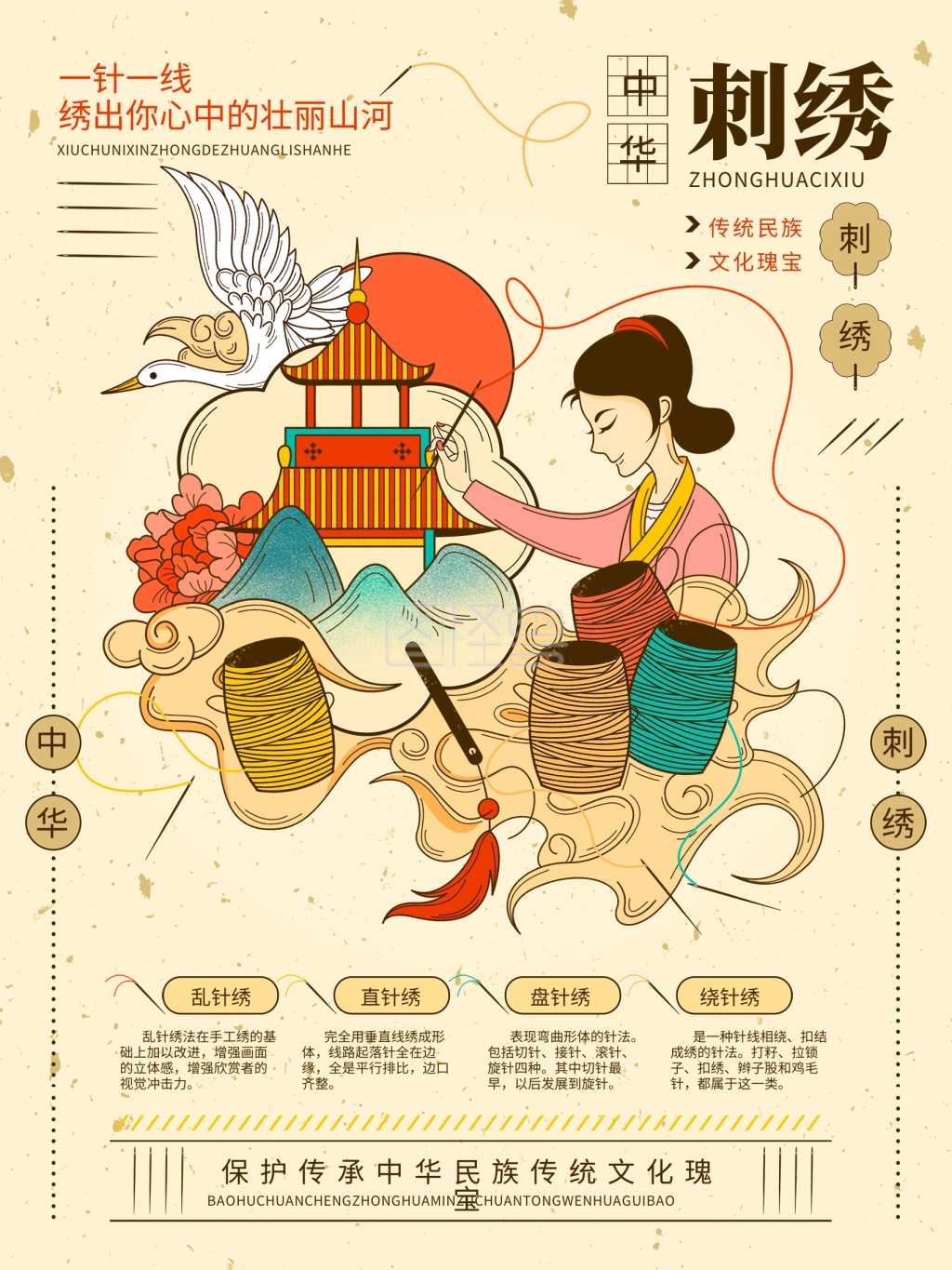 中华刺绣非物质文化遗产保护手绘插画海报