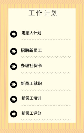 工作计划 定招人计划 招聘新员工 办理社保卡 新员工就职 新员工培训 新员工评分 周工作计划表手机策划列表手机海报