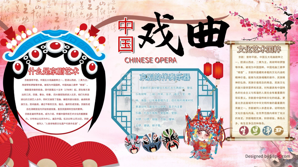 图怪兽频道提供《中国戏曲红色唱戏水彩校园小报》在线图片设计制作