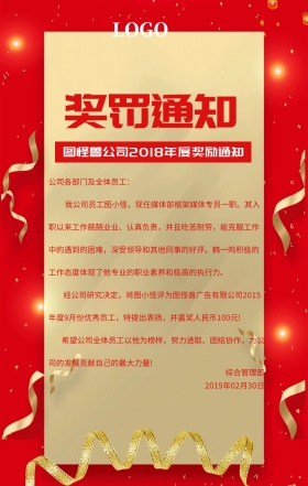 2019公司企业员工奖励奖罚通知单海报