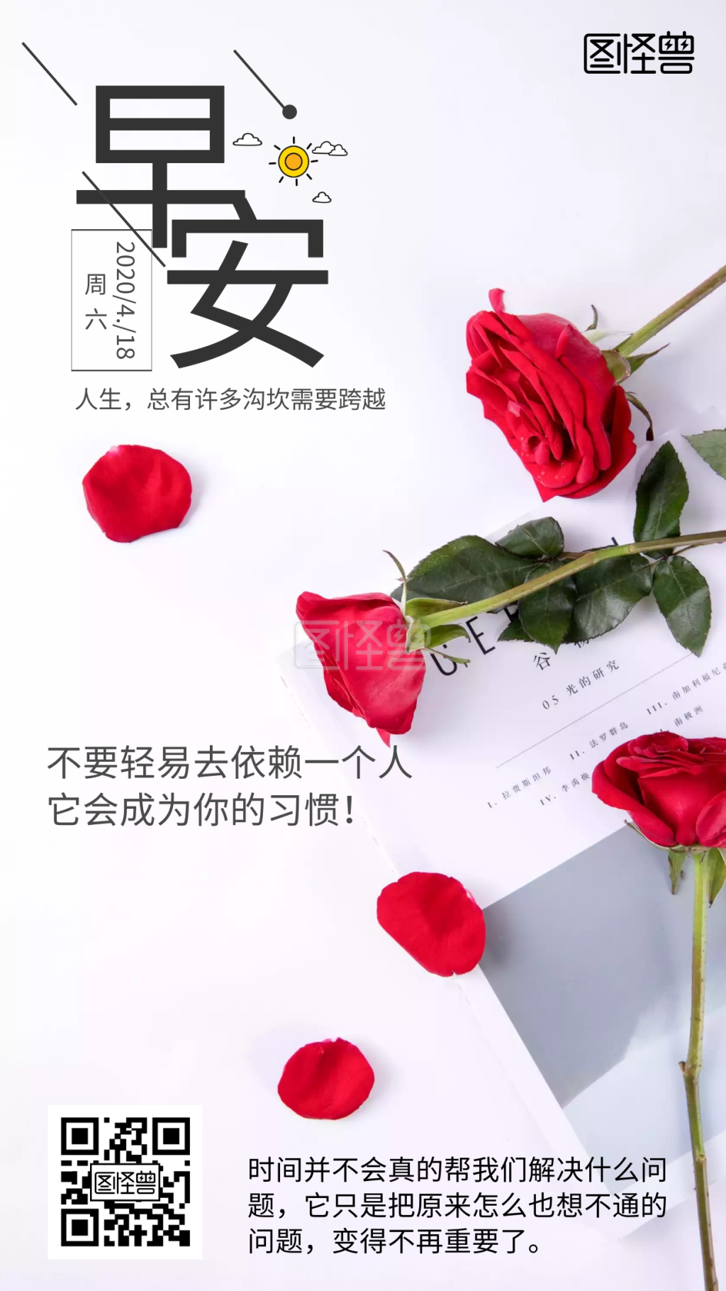 玫瑰摄影图简约早安送花日签海报