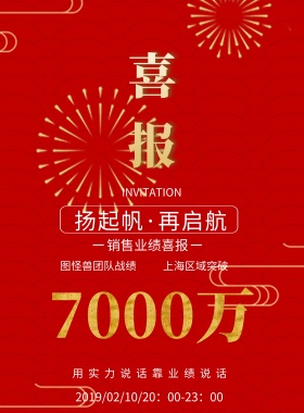 7000万 销售业绩喜报 上海区域突破 扬起帆·再启航 图怪兽团队战绩 INVITATION 用实力说话靠业绩说话 2019/02/10/20：00-23：00 喜报
