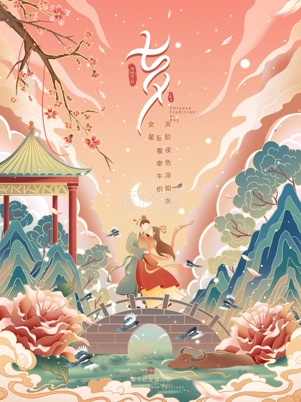 原创手绘七夕节日海报