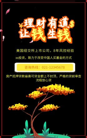  美国纽交所上市公司，8年风控经验 咨询热线：021-12345678 xx投资，致力于改变中国人买基金的方式 房产抵押贷款最高可贷金额上不封顶，严格的贷前审查流程放心贷 投资理财手机海报