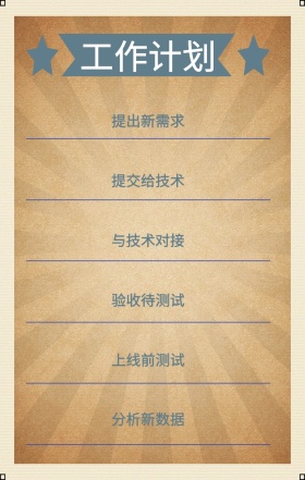 工作计划 提出新需求 提交给技术 与技术对接 验收待测试 上线前测试 分析新数据 周工作计划表手机策划列表手机海报