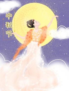 蓝色文艺复古中秋节手绘女孩插画海报