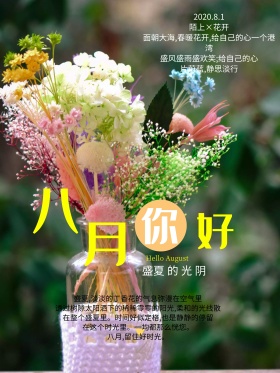 清新文艺唯美八月你好海报设计