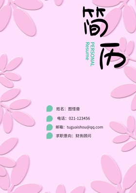 姓名：图怪兽 电话：021-123456 邮箱：tuguaishou@qq.com 求职意向：财务顾问 简历封面