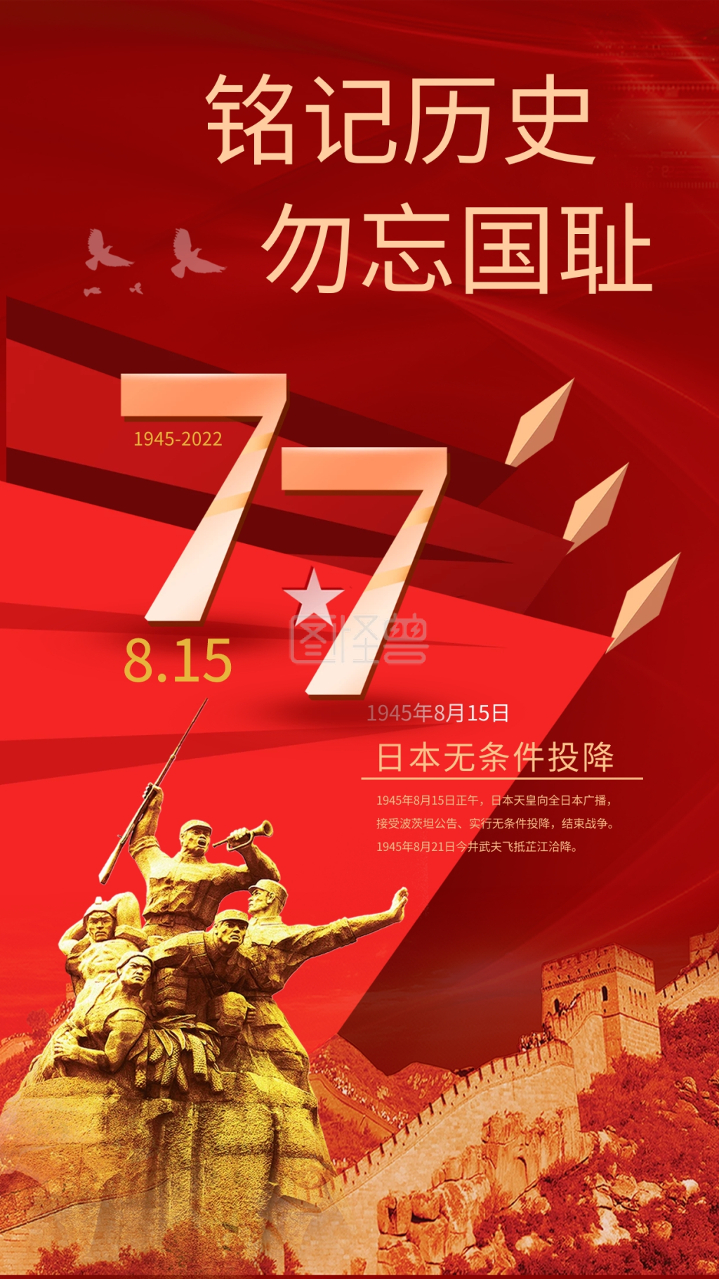 815日本无条件投降77周年纪念手机海报