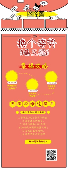 支付宝集五福攻略卡通喜庆可爱长图