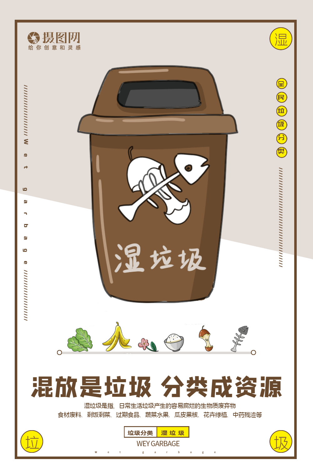 简洁湿垃圾垃圾分类系列宣传海报