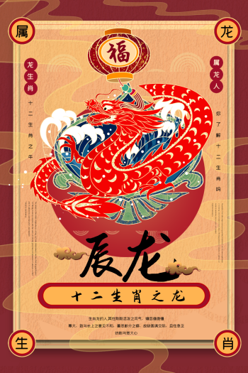 复古手绘风系列2021年十二生肖之辰龙海报