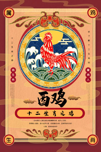 复古手绘风系列2021年十二生肖之酉鸡海报