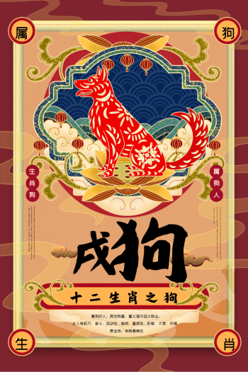 复古手绘风系列2021年十二生肖之戌狗海报