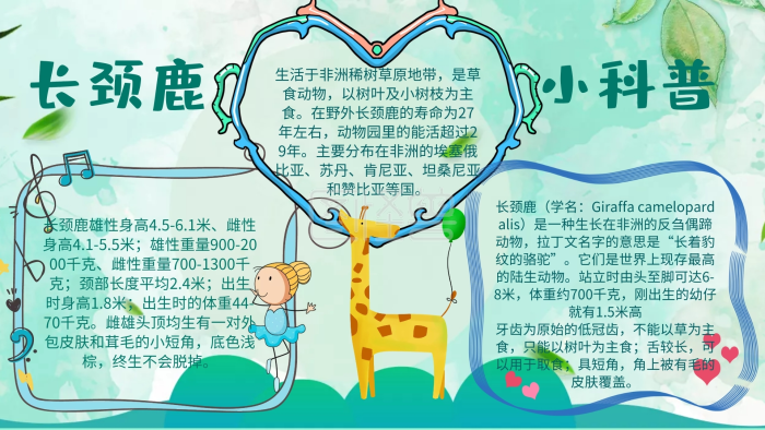 可商用 图片素材参数 关键词:有关 动物的 手抄报 宣传 长颈鹿 脖子长