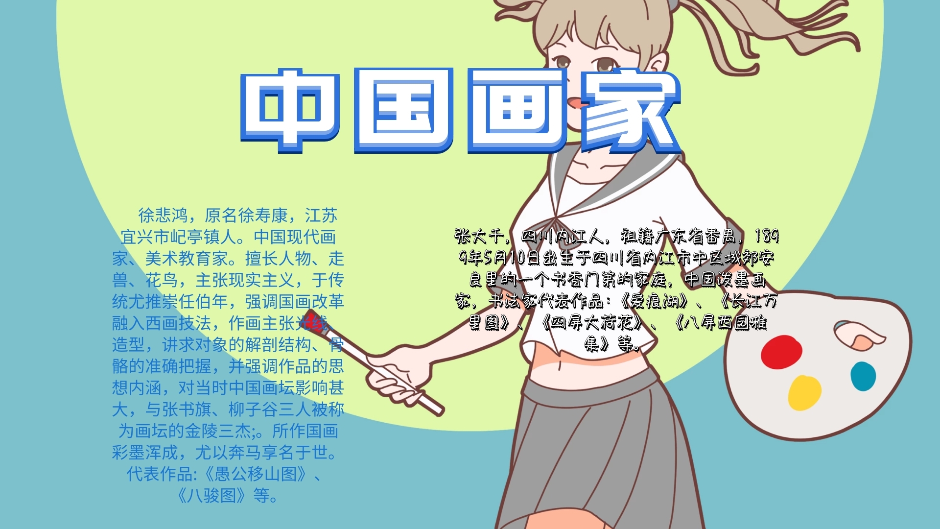 卡通蓝色创意可爱扁平中国画家手抄报