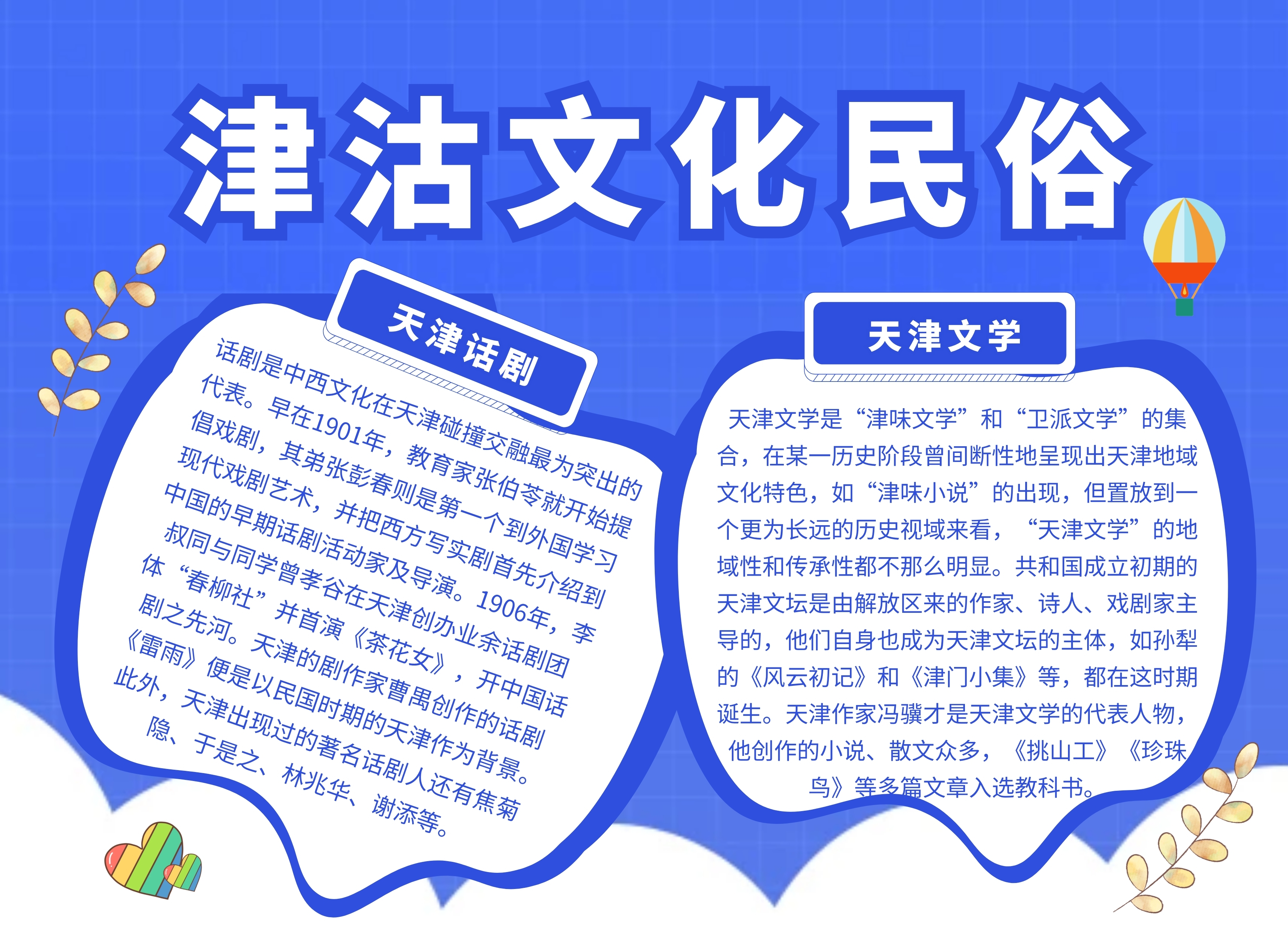 简约创意科普卡通津沽文化民俗手抄报