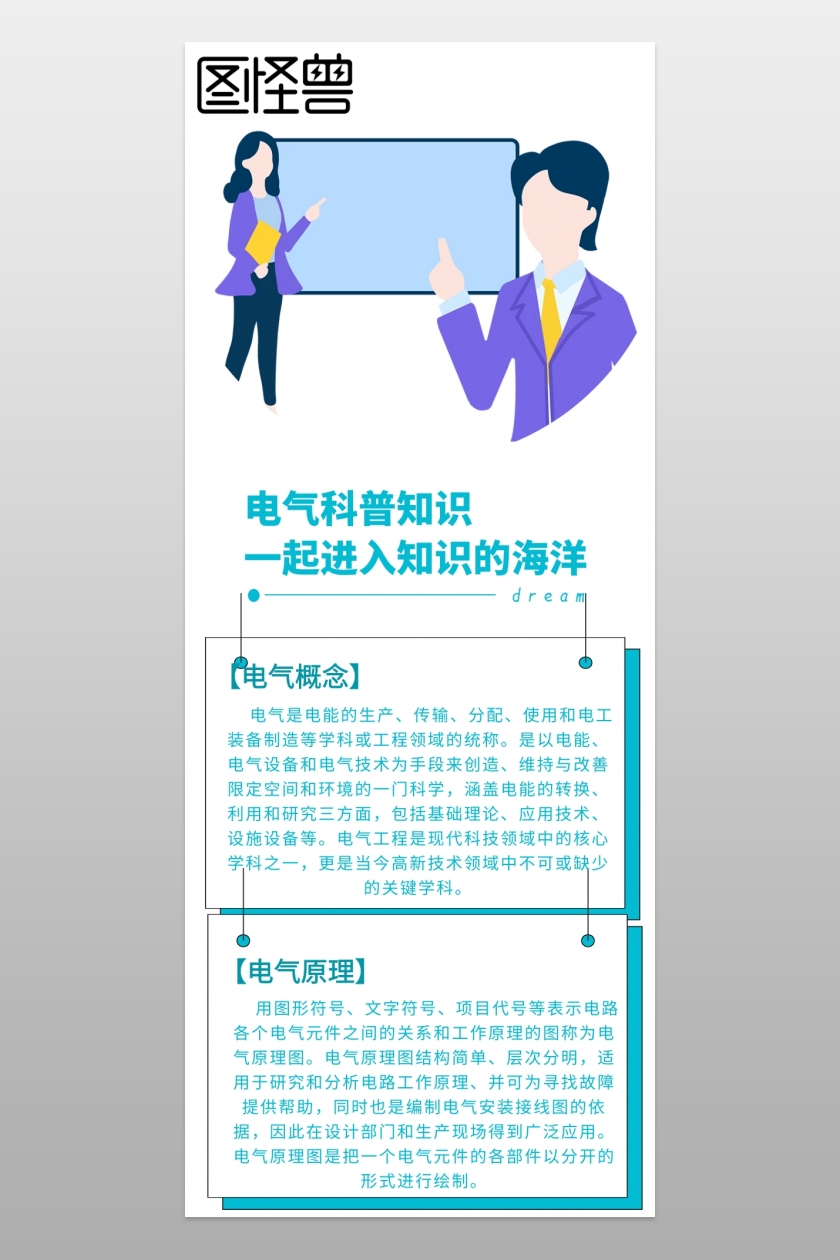 创意蓝色扁平创意大气电气科普知识长图海报